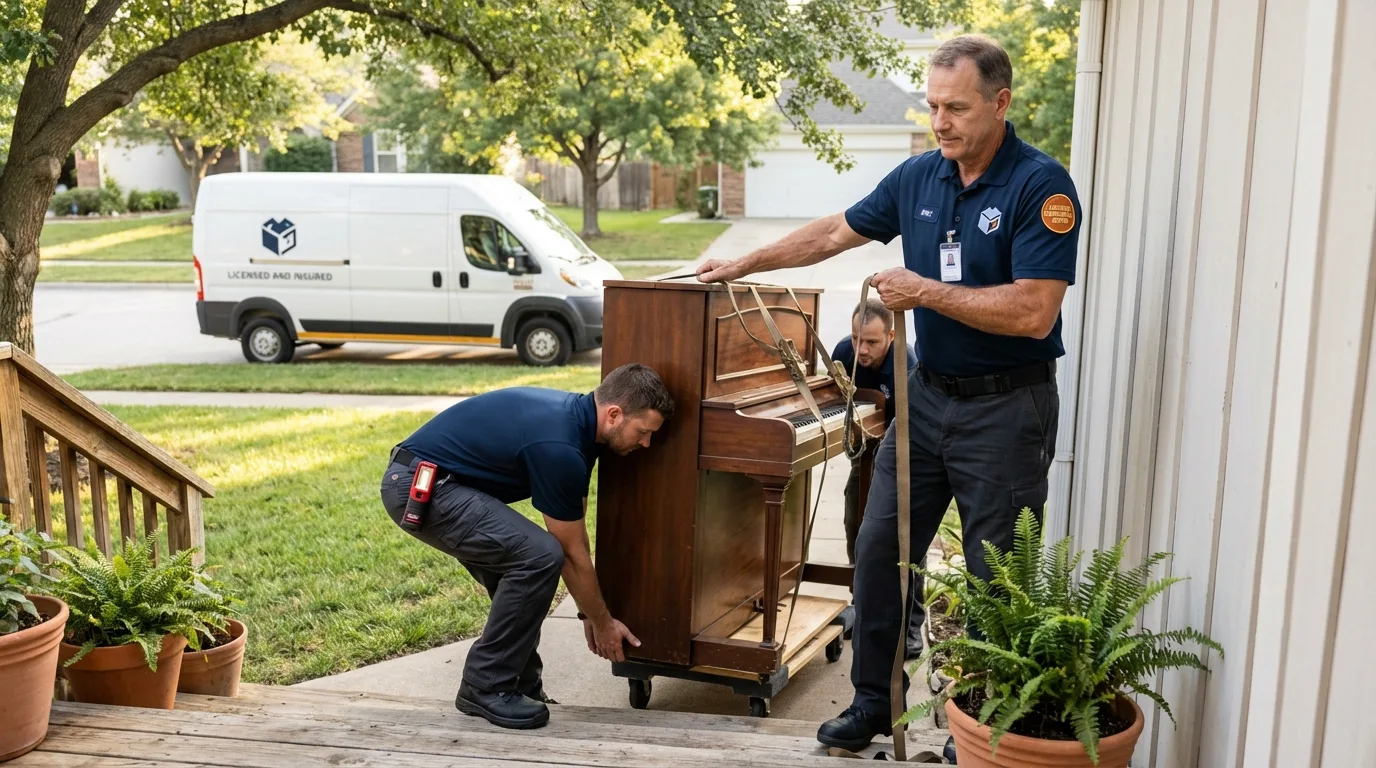 Licensed piano movers securing grand piano in Bear, DE