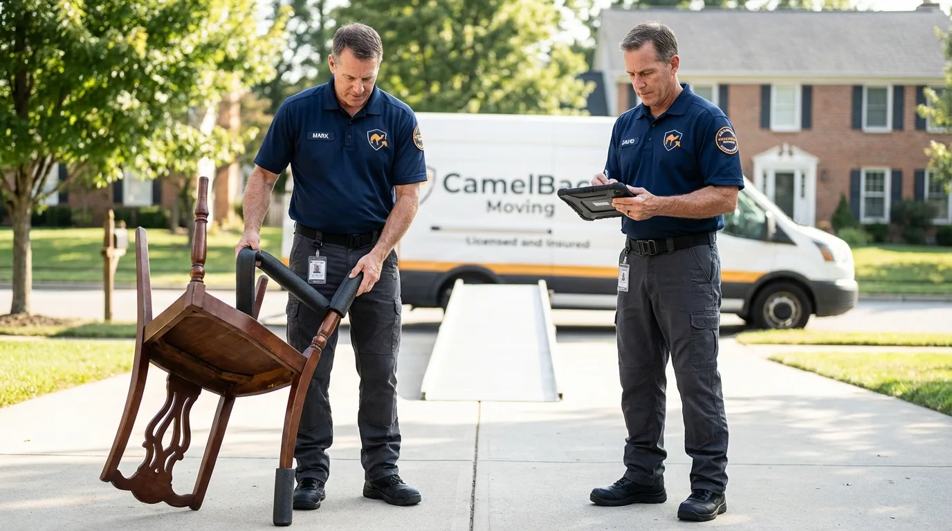 Movers inspecting furniture for damage prevention before loading in Bear, DE