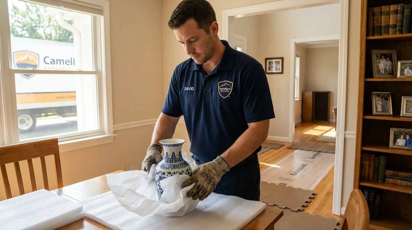 Professional crew carefully wrapping antique vase for senior downsizing move in Bear, DE
